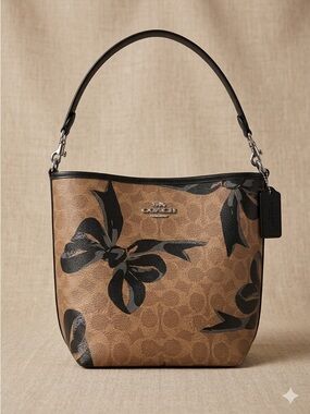 Coach Brown Floral Signature Leather Shoulder Bag with Black Accents